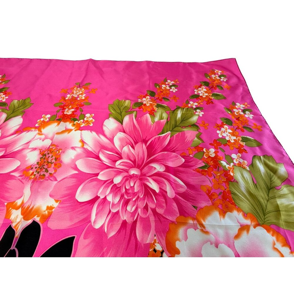 Adrienne Landau Studio Floral Silk Scarf Pink Orange Black Bold Retro Design 35" - Picture 9 of 11